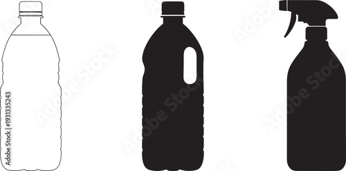 Three plastic bottles with different shapes and caps clear bottle black bottles spray bottle silhouettes