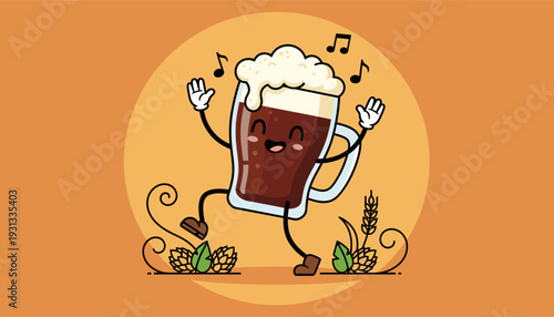 Smiling Stout Pint with Foamy Head Musical Notes Wheat Stalks and Hop Cones for Craft Beer Festival Promotion Pub Social Media Marketing and Whimsical Beverage Branding Vector Illustration