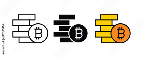 Bitcoin stack and cryptocurrency investment icon set. Stack of coins with BTC symbol for digital currency trading, blockchain technology, and financial wealth management design. Vector Illustration.