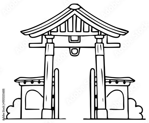 Stylized traditional Asian gate with ornate roof and archways in outline illustration