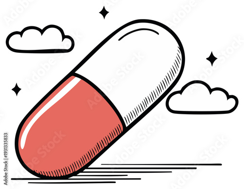 Cartoon medical capsule pill doodle with clouds and stars representing health care and wellbeing