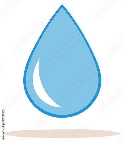 Vector illustration of a simple blue water drop or teardrop icon with a reflection and shadow