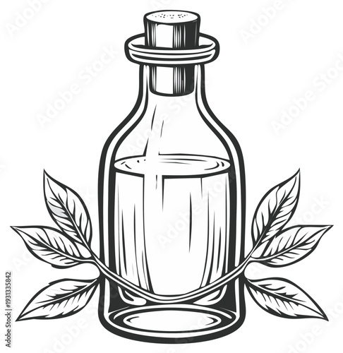 Vintage style glass bottle with cork stopper and delicate leaves symbolizing natural essence