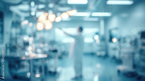 Blurred background of a surgeon walking in a hospital operating room