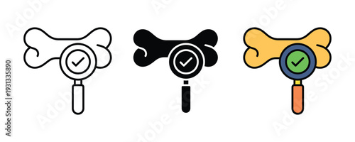 Bone health checkup and veterinary icon set. Magnifying glass with checkmark on bone symbol for orthopedic diagnosis, pet healthcare, and calcium monitoring design. Vector Illustration.