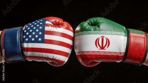 Two boxing gloves with US and Iranian flags facing each other, symbolizing political rivalry, conflict, and competitive tension between the two nations.