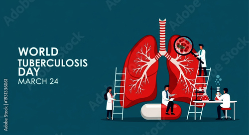 Creative World Tuberculosis Day Banner Showing Doctors Treating Large Lung Model Supporting TBC Education and Campaign