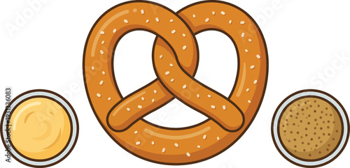 Illustration of Pretzel with Sesame Seeds and Dips
