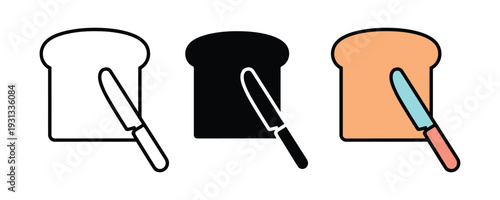 Bread slice and butter knife icon set. Breakfast food symbol for bakery, cafe menu, and morning meal preparation design. Vector Illustration.