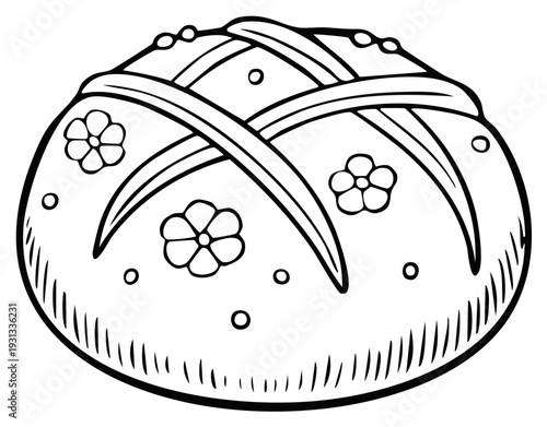 Hand-drawn Outline of Decorative Bread with Floral and Circular Accents for Coloring Book Designs