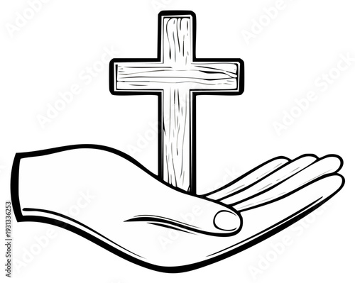 Outstretched hand presenting a simple wooden Christian cross in an illustration for religious devotion