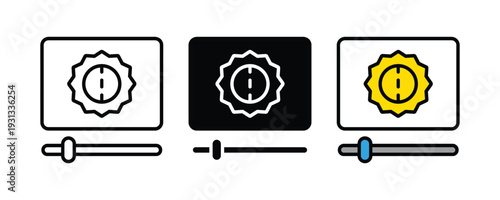 Video brightness and screen settings icon set. Monitor display symbol with slider for media player controls, brightness adjustment, and digital interface design. Vector Illustration.