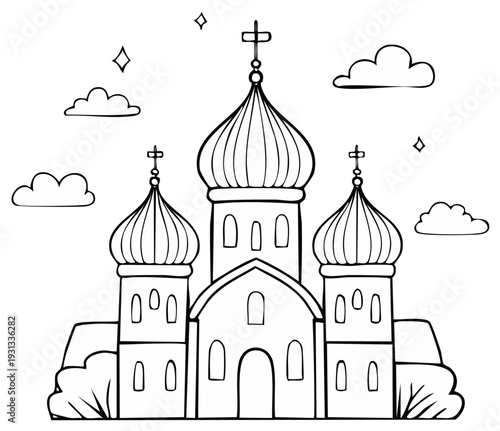 Outlined illustration of a traditional Orthodox church with domes and clouds
