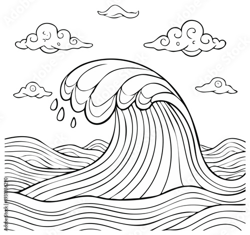 Wave illustration with clouds and water. Black and white outline design.