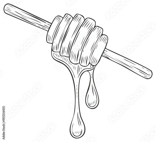 Honey Dripping From a Wooden Dipper with Ridges, Black and White Hand Drawn Illustration of Sweet Syrup