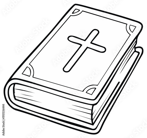 Simple black and white line art illustration of a Holy Bible featuring a prominent cross symbol on its cover