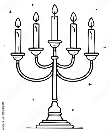 Elegant candelabra with five lit candles creates a warm and celebratory mood in line drawing style