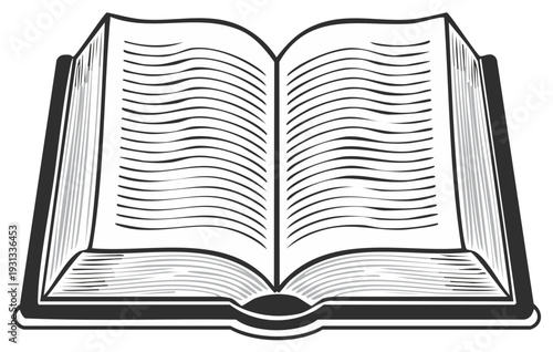 Open book sketch, illustration of a textbook, vintage engraved design, reading concept.