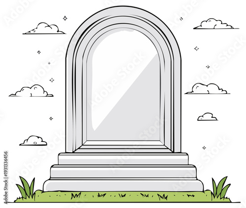 Cartoon illustration of a stone archway with clouds and grass creating an idyllic scene