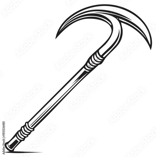 Single Sharp Crescent Hook Blade on a Pole with Decorative Rings in a Graphic Illustration