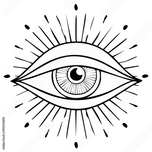Mystical all-seeing eye with rays, black and white line art