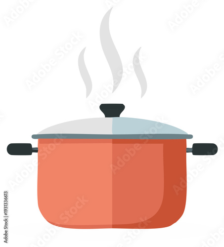 Orange pot with a lid releasing steam suggesting hot food cooking on a stovetop