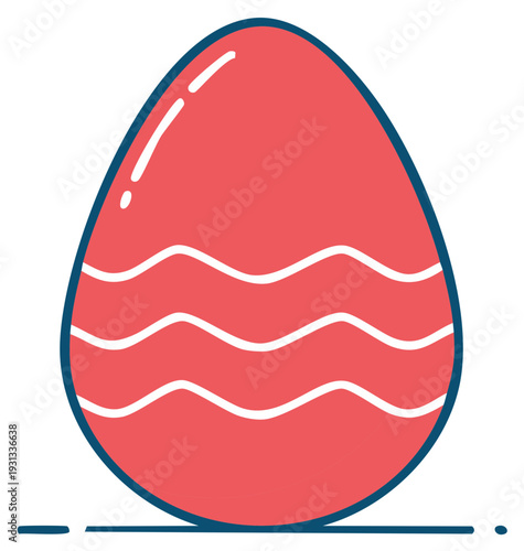 Simple Illustrated Red Easter Egg with White Wavy Stripes and Dark Outline