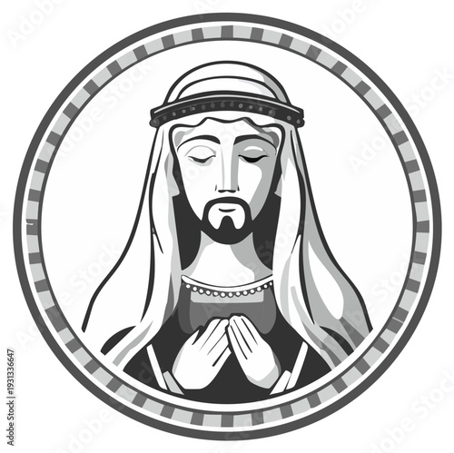 Man with beard wearing traditional headdress and robes in prayer with eyes closed