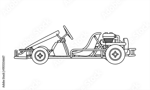 Detailed line art illustration of a classic go-kart design.
