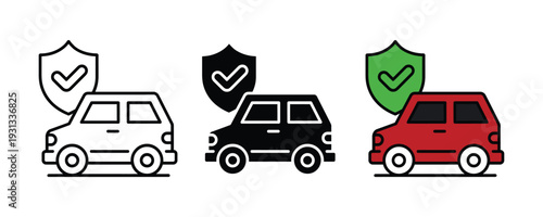 Car insurance and vehicle protection icon set. Red car with green shield symbol for automotive safety, road assistance, and transport security design. Vector Illustration.