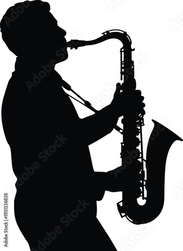 Saxophone player silhouette illustration, musician performing jazz, black vector art design, musical instrument graphic, artistic performance symbol