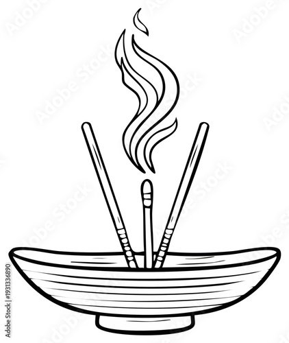 Abstract illustration of burning incense sticks in a decorative bowl with wavy flame