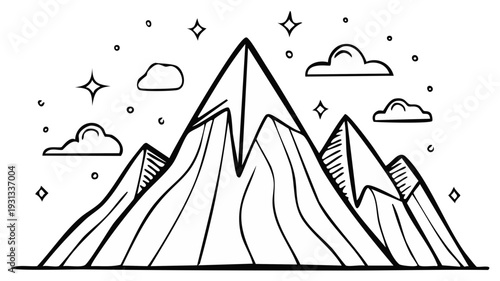 Hand Drawn Black and White Mountain Peaks with Stars and Clouds Doodle Art