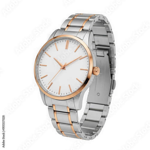 Elegant silver wristwatch with rose gold accents on a white background