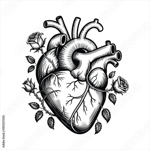 Anatomical human heart with roses engraving style floral medical illustration