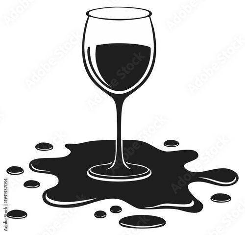 Silhouette of a wine glass, with spilled wine forming a puddle and droplets, vector illustration.