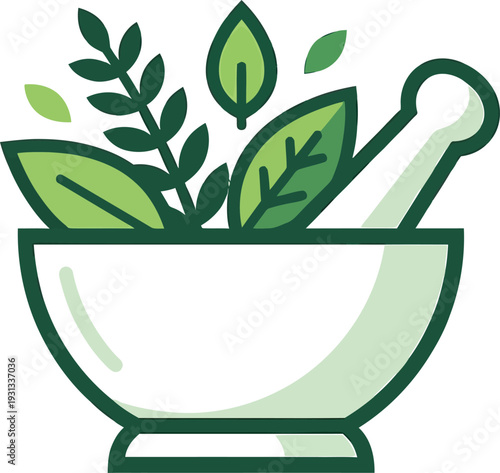 Mortar and Pestle with Green Herbs