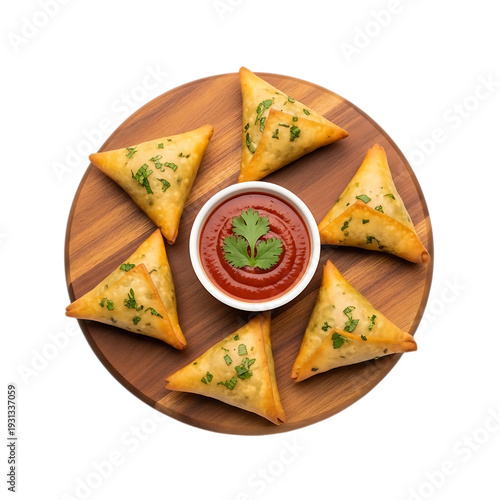 Mini Samosas Arranged in Circle Around Ketchup Dip