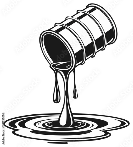 Black and White Illustration of Oil Barrel Pouring Liquid with Dripping Drops and Spilling Puddle. Vector Design