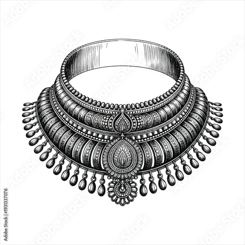 Intricate traditional indian bridal necklace jewelry engraving with gemstone drops