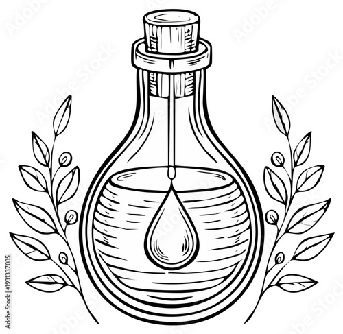 Potion bottle with drop, leaves, and berries in a line art style.