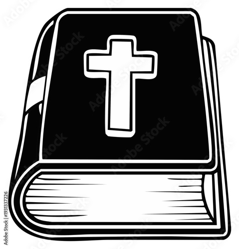 Illustrated book with a cross symbol on the cover, representing faith and religion.