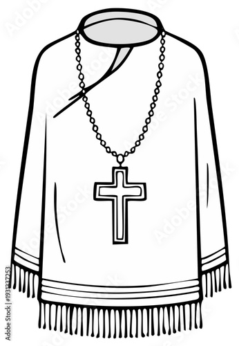 Clerical Vestment with Cross Ornament Religious Attire Black and White Illustration