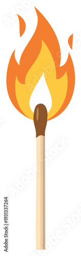 Burning Matchstick Emitting Vibrant Yellow Orange Flames, Ignition Source, Fire Safety, Camping