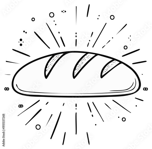 Hand Drawn Loaf of Bread with Sparkles and Rays Black and White Illustration