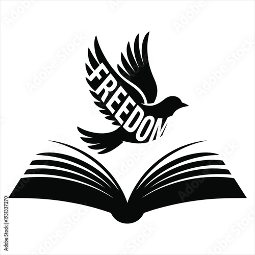 A black and white image showing a book with an open page, and a bird with spread wings flying over it, with the word “freedom” written on its wings