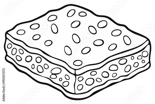 Black and white isometric line art illustration of a porous rectangular cleaning sponge