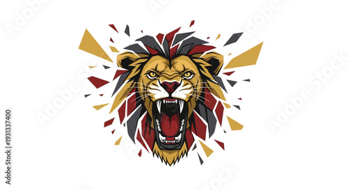 Fierce lion's face illustration with abstract colorful splashes and geometric shapes, symbolizing courage and strength, viewed from the front with dynamic elements