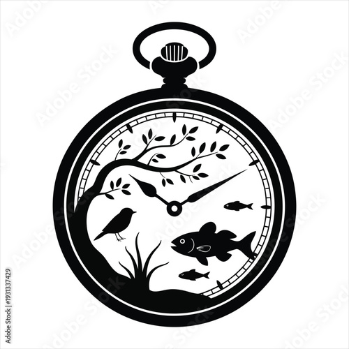 Vintage pocket watch with nature landscape and wildlife silhouette design