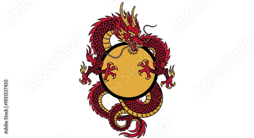 A majestic red dragon wrapped around a golden coin, symbolizing prosperity and good fortune in a cultural illustration, viewed from a front perspective